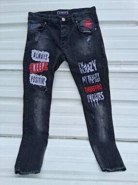 XWAY MENS Patched Painted RETRO Hip Hop Skater Button Fly Black Jeans Size 33 28